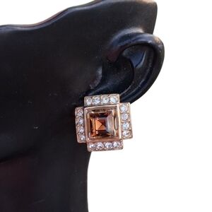 💎Vintage BOGOFF Signed Clip-On Earrings Topaz Brown & Clear Rhinestone Square